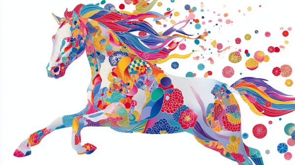 和柄の中を駆ける午が新年を告げる、2026年の年賀状にぴったりな和風イラスト。縁起の良いデザインが魅力。